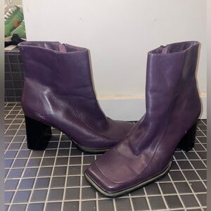 Vintage Dark Purple Brazilian Leather Square Toe Square Heels Boots